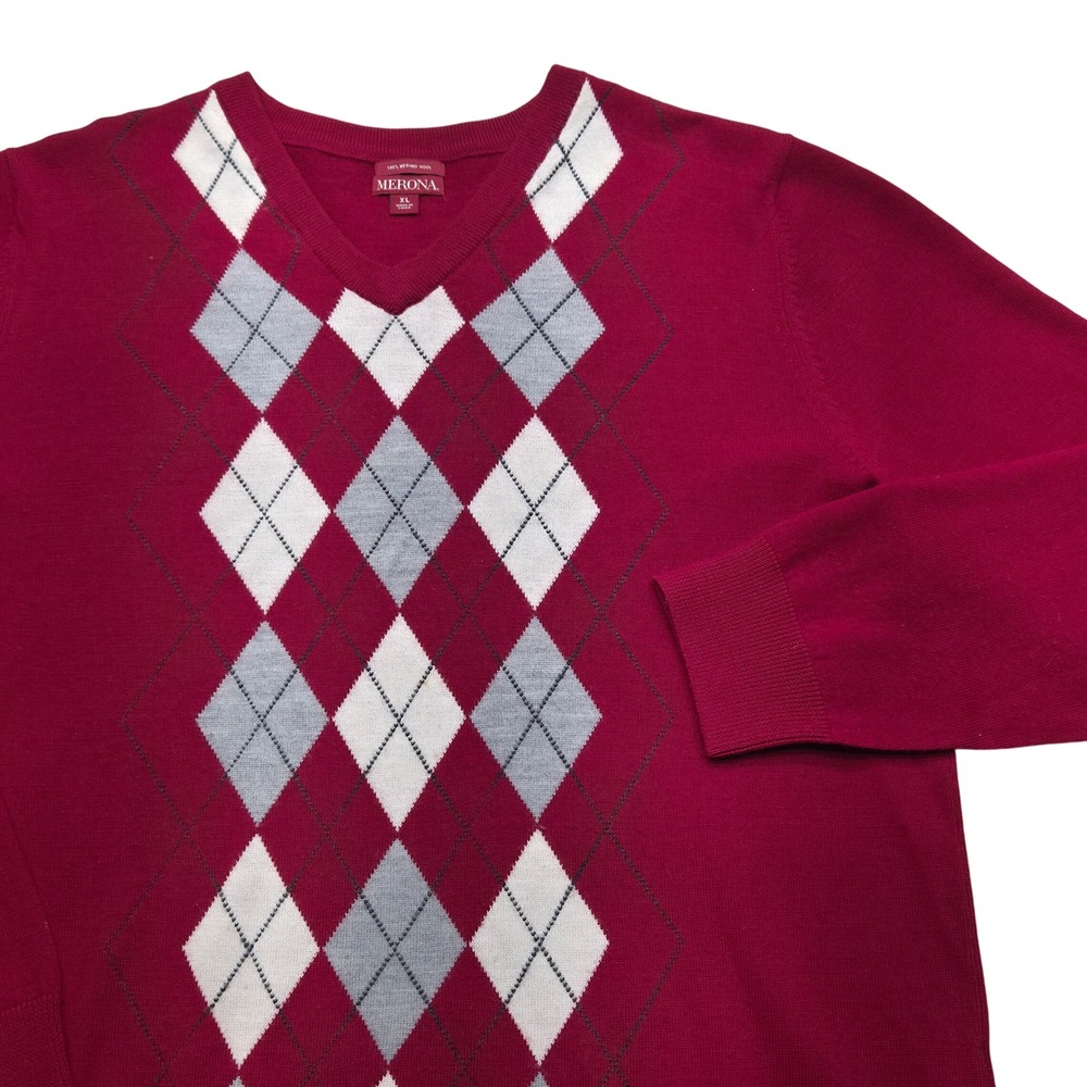 Merona Mens XL‎ Argyle V Neck Sweater Red 100% Merino Wool Grandpa